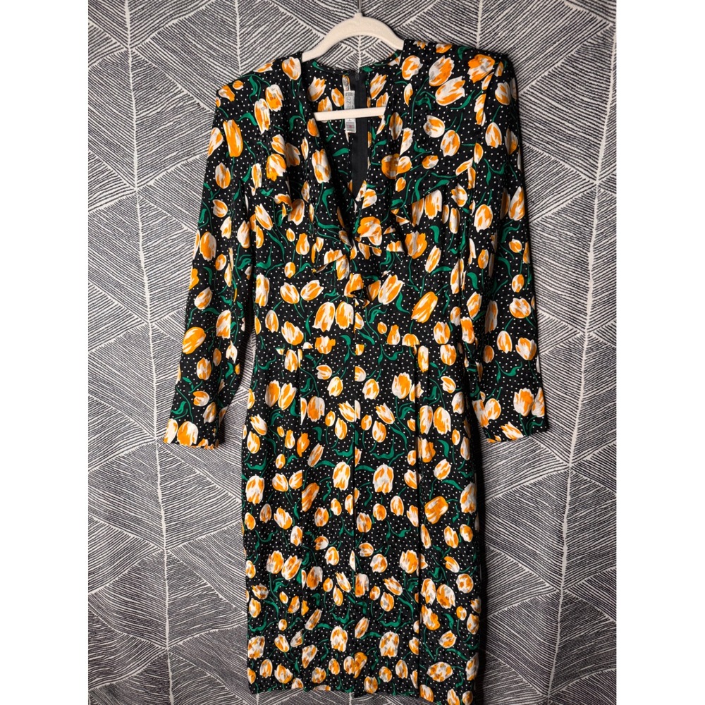 Vintage HANNEZO PARIS Black  Floral‎ Print Ruffle Dress